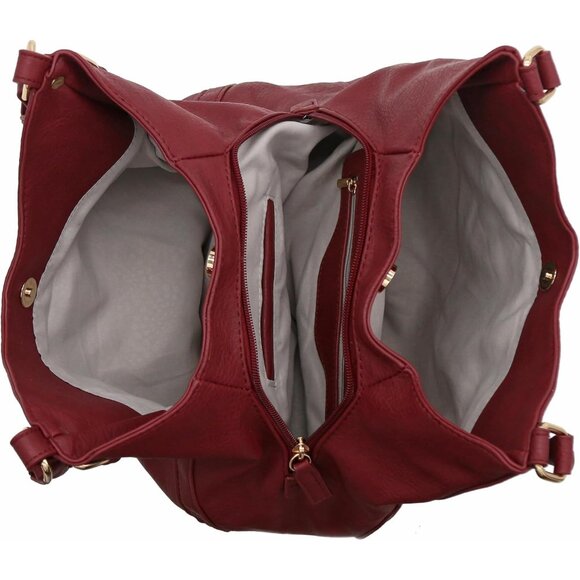 Women's Red Lightweight Top Handles Zipper Closure Leather Medium Hobo Bag - Picture 5 of 6